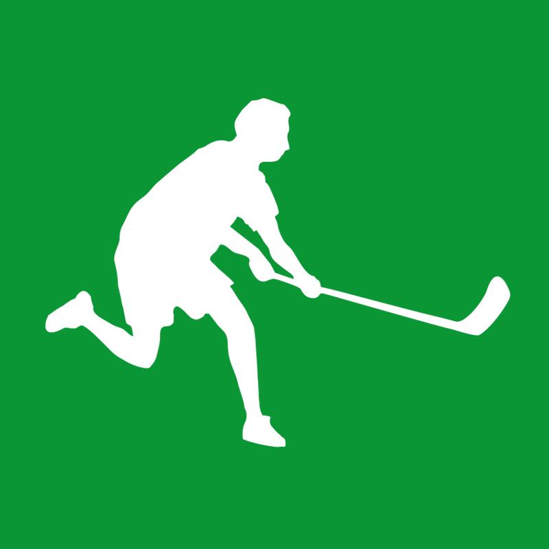 Dunkelgrüner Hintergrund mit einer weißen Silhouette die mit einem Hockeyschläger in der Hand einen sportlichen Schritt nach vorne ausübt.