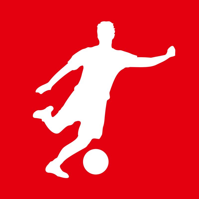 Roter Hintergrund mit einer weißen Silhouette (männlich) die einen Fußball am Fuß hat und zum schießen ausholt.