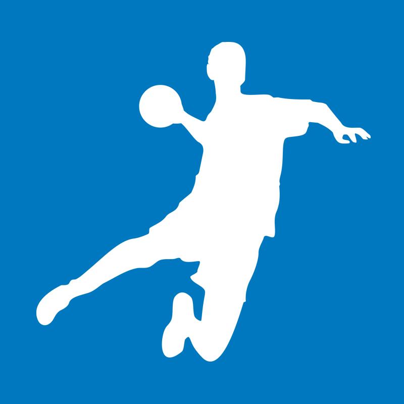 Blauer Hintergrund mit einer weißen Silhouette (männlcih), die in der rechten Hand einen Handball hat un in die Luft springt zum werfen..