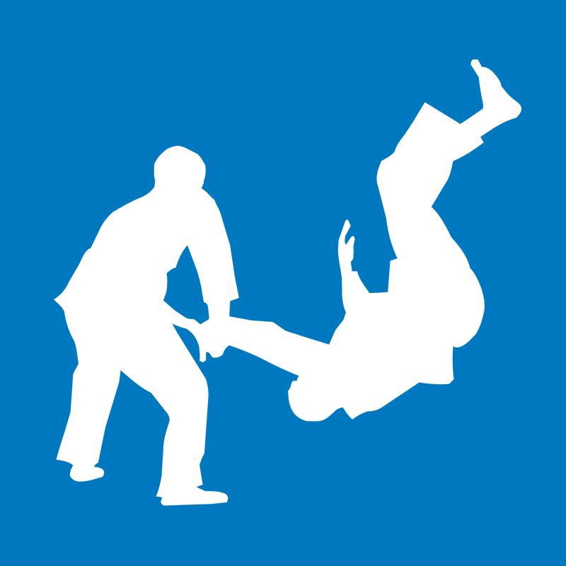 Blauer Hintergrund mit zwei weißen Silhouetten (männlich), die Wurftechniken ausüben.