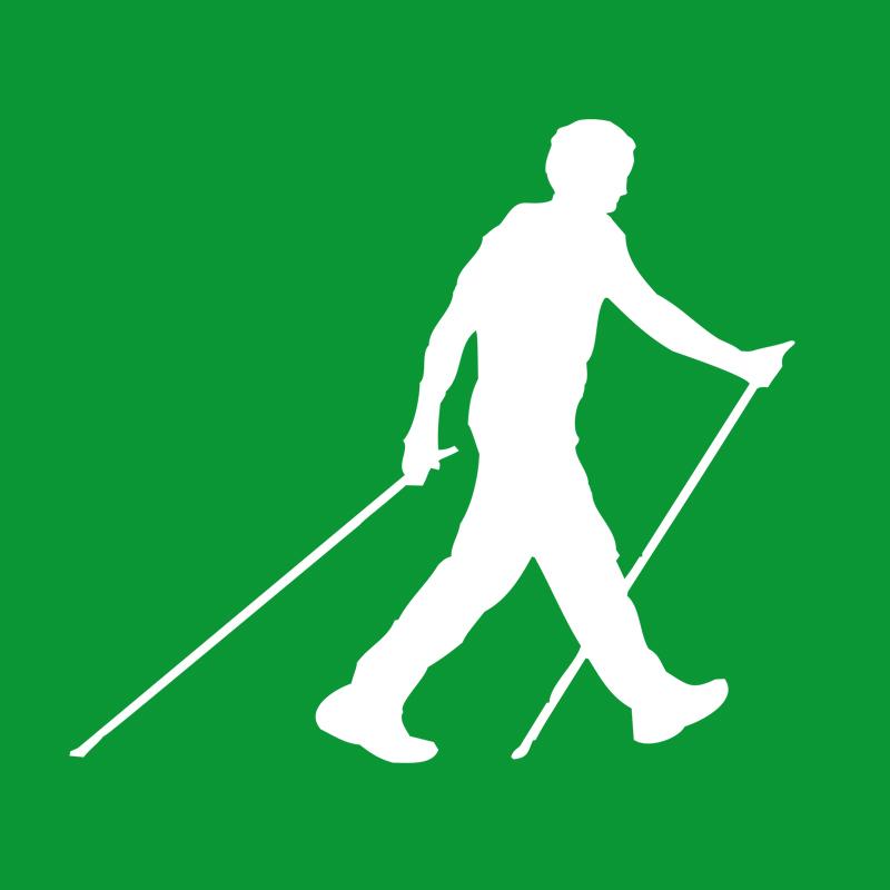 Dunkelgrüner Hintergrund mit einer weißen Silhouette (männlich), die zwei Laufstöcke in den Hände hat und walkt.