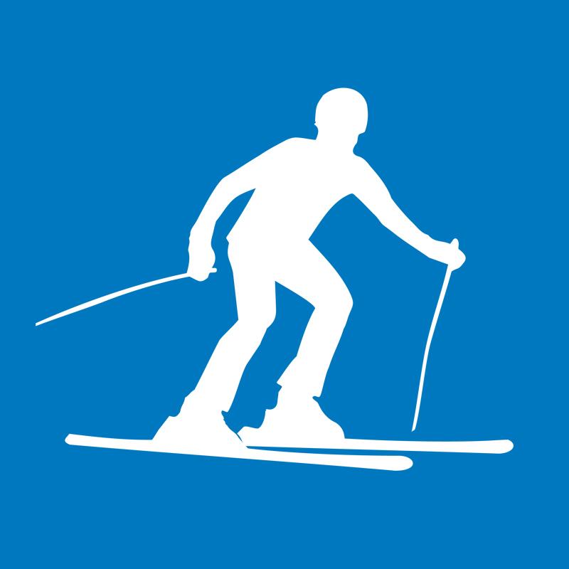 Blauer Hintergrund mit einer weißen Silhouette (männlich), die auf Skiern steht und eine Kurve fährt.
