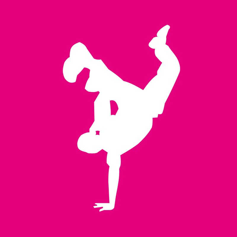 Blauer Hintergrund mit einer weißen Silhouette (männlich), die auf einer Hand steht und die Beine in die Luft streckt.