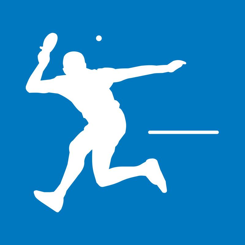 Blauer Hintergrund mit einer weißen Silhouette (männlich), die einen Tischtennisschläger in der Hand hält und den Ball über die Platte spielt.