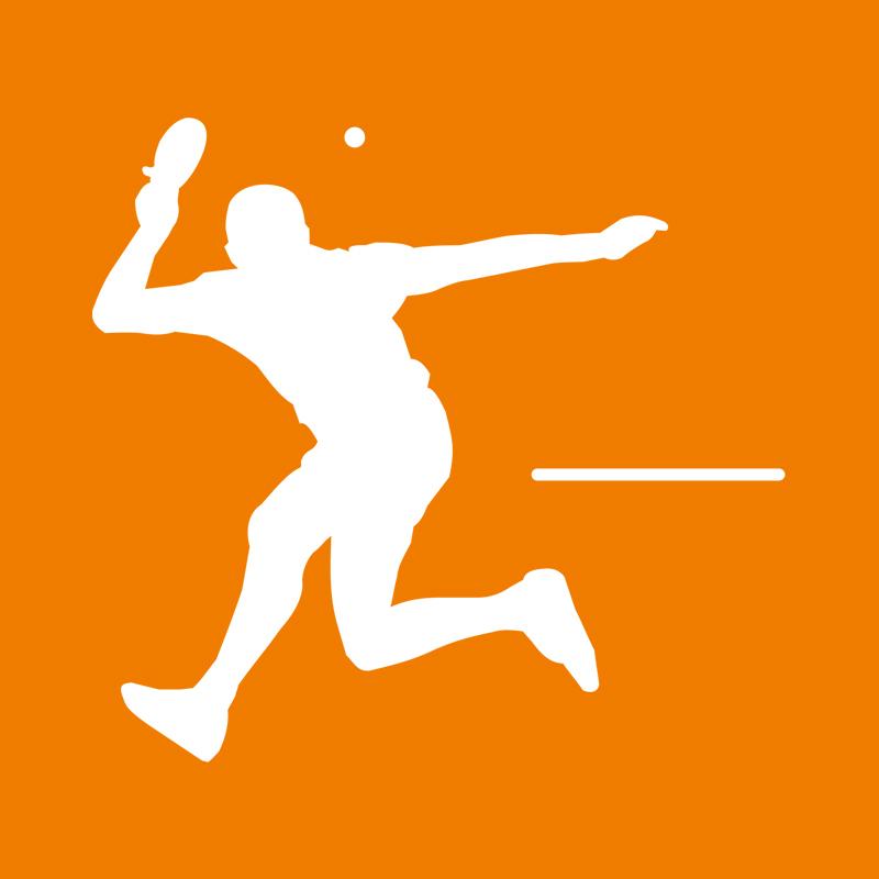 Oranger Hintergrund mit einer weißen Silhouette (männlich), die einen Tischtennisschläger in der Hand hält und den Ball über die Platte spielt.