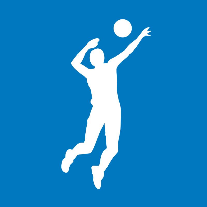 Blauer Hintergrund mit einer weißen Silhouette (männlich), die in die Luft springt und einen Volleyball übers Netz spielt.