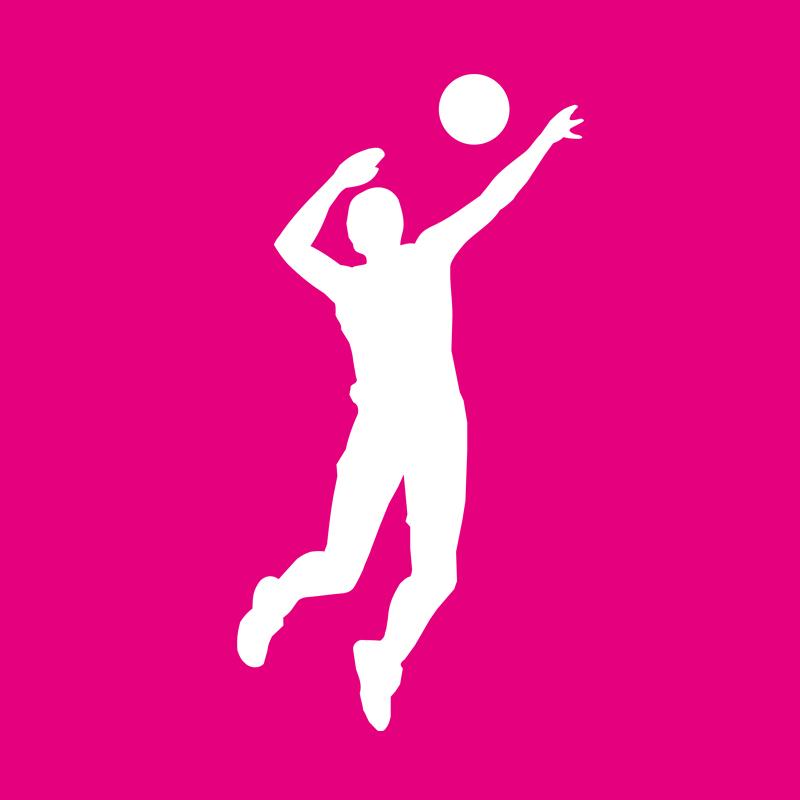 Pinker Hintergrund mit einer weißen Silhouette (männlich), die in die Luft springt und einen Volleyball übers Netz spielt.