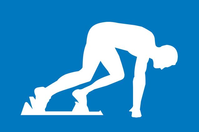 Blauer Hintergrund mit einer weißen Silhouette (männlich), die abgestützt in der Startposition im Startblock ist.