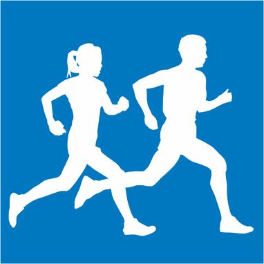 Blauer Hintergrund mit 2 weißen Läufer. Einen männlichen und eine weibliche.