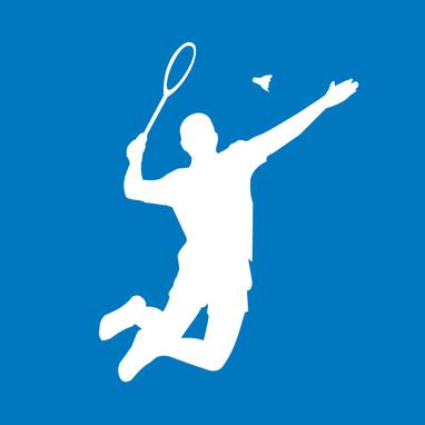 Blauer Hintergund mit einer weißen Silhouette die Federball/ Badminton spielt.
