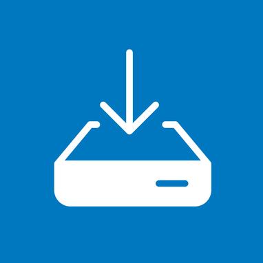 Blauer Hintergrund mit weißem Piktogramm. Eine Festplatte mit einem Pfeil der nach unten zeigt.