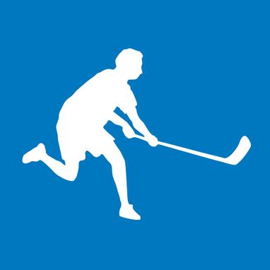 Blauer Hintergrund mit einer weißen Silhouette die mit einem Hockeyschläger in der Hand einen sportlichen Schritt nach vorne ausübt.