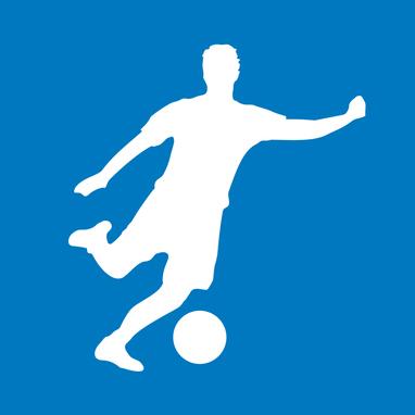 Blauer Hintergrund mit einer weißen Silhouette (männlich) die einen Fußball am Fuß hat und zum schießen ausholt.