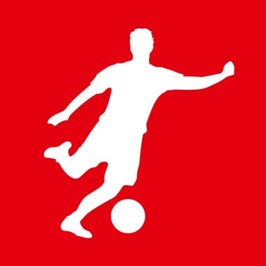 Roter Hintergrund mit einer weißen Silhouette (männlich) die einen Fußball am Fuß hat und zum schießen ausholt.