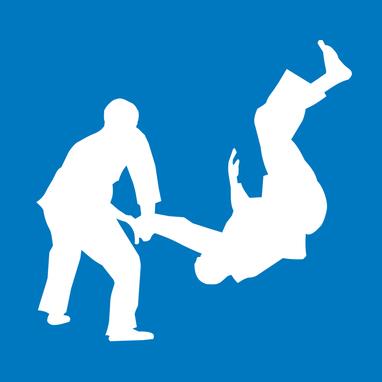 Blauer Hintergrund mit zwei weißen Silhouetten (männlich), die Wurftechniken ausüben.