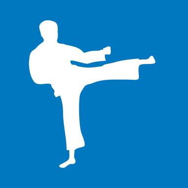 Blauer Hintergrund mit einer weißen Silhouette (männlich), die eine Tritttechnik ausübt.