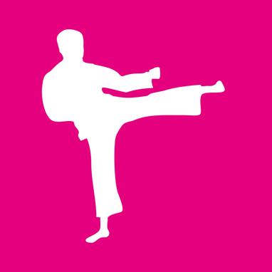 Pinker Hintergrund mit einer weißen Silhouette (männlich), die eine Tritttechnik ausübt.