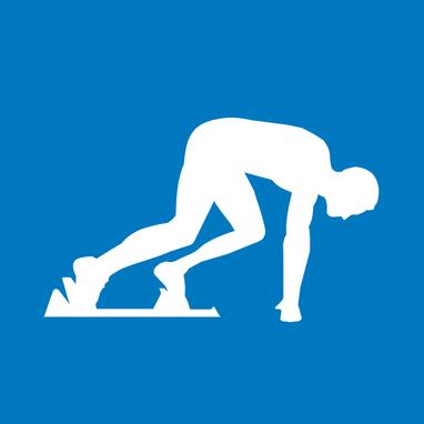 Blauer Hintergrund mit einer weißen Silhouette (männlich), die abgestützt in der Startposition im Startblock ist.