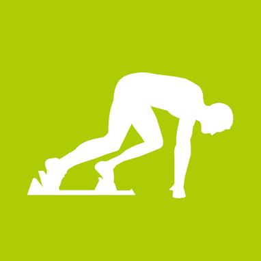 Hellgrüner Hintergrund mit einer weißen Silhouette (männlich), die abgestützt in der Startposition im Startblock ist.