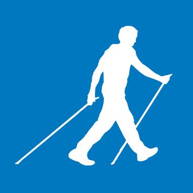 Blauer Hintergrund mit einer weißen Silhouette (männlich), die zwei Laufstöcke in den Hände hat und walkt.