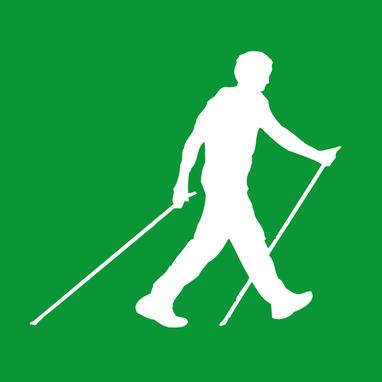 Dunkelgrüner Hintergrund mit einer weißen Silhouette (männlich), die zwei Laufstöcke in den Hände hat und walkt.