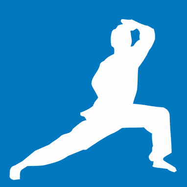 Blauer Hintergrund mit einer weißen Silhouette (männlich), die Kampf Übungen ausübt.