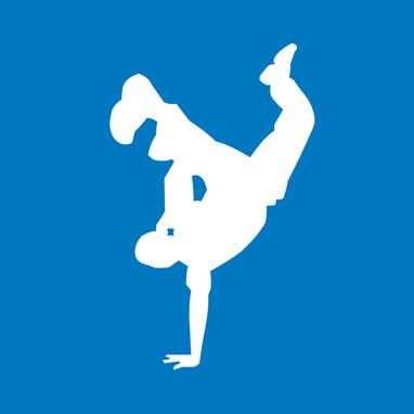 Blauer Hintergrund mit einer weißen Silhouette (männlich), die auf einer Hand steht und die Beine in die Luft streckt.