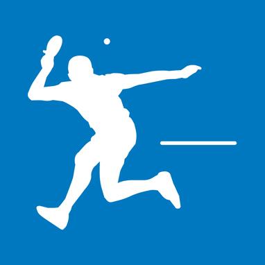 Blauer Hintergrund mit einer weißen Silhouette (männlich), die einen Tischtennisschläger in der Hand hält und den Ball über die Platte spielt.