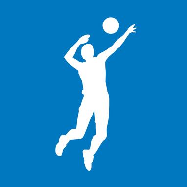 Blauer Hintergrund mit einer weißen Silhouette (männlich), die in die Luft springt und einen Volleyball übers Netz spielt.