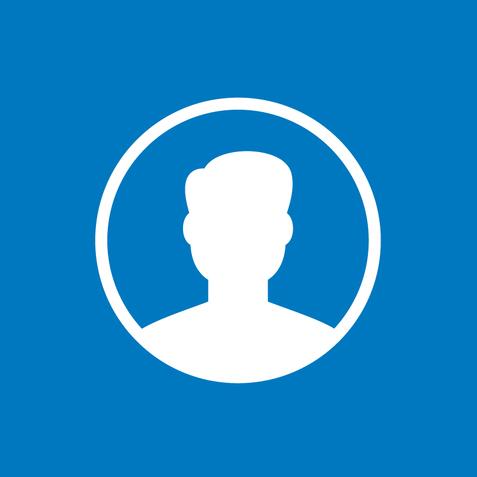 Blauer Hintergrund mit weißen Piktrogramm. Einen Kreis wo Innen eine Silhouette eines Kopfes mit Schultern abgebildet ist.