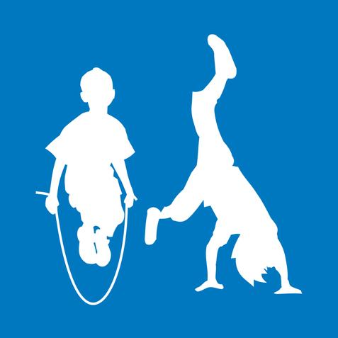 Blauer Hintergrund mit zwei weißen Silhouetten (männlich & weiblich). Der Junge springt Seil und das Mädchen macht einen Handstand.