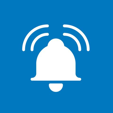Blauer Hintergrund mit einem weißem Piktogramm, was eine eine klingende Glocke abbildet.