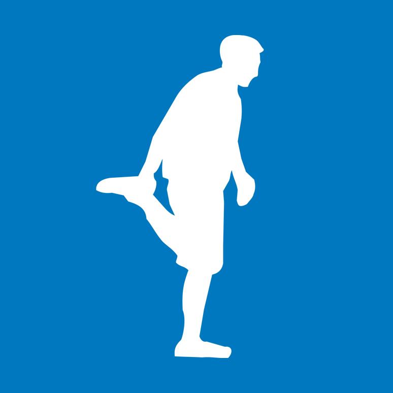 Blauer Hintergrund mit einer weißen Silhouette die sich Ihr Bein dehnt und dabei auf einem Bein steht.