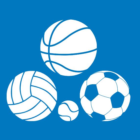 blauer Hintergund mit vier weißen Bällen. Einen Basketball, Volleyball, Fußball und Tennis.