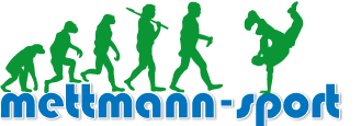 Grafische Darstellung der menschlichen Evolution von Affen zu einem Sportler, begleitet von der Aufschrift „mettmann-sport“.