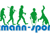 Grafik mit sechs stilisierten Silhouetten der menschlichen Evolution und dem Schriftzug &bdquo;mettmann-sport&ldquo; in blauer Schrift.