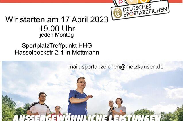 Gruppen von Sportlern auf einer Laufbahn, die für das Deutsche Sportabzeichen werben, mit Informationen zum Event.
