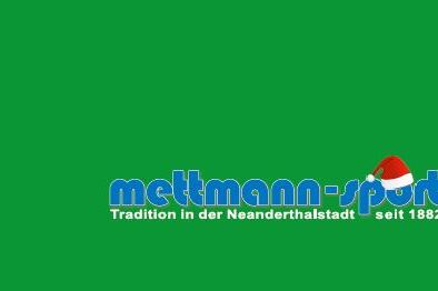 Logo von "mettmann-sport" auf grünem Hintergrund mit Weihnachtsmütze und dem Slogan "Tradition in der Neanderthalstadt seit 1882".