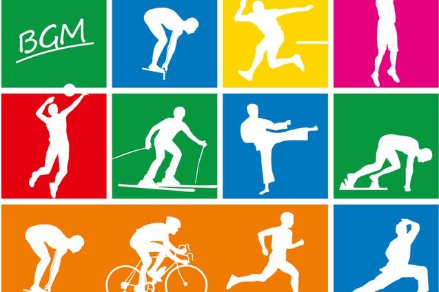Bunte Collage mit stilisierten Sportfiguren, die verschiedene Aktivitäten wie Handball, Skifahren und Radfahren darstellen.