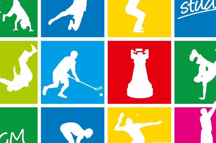 Bunte Collage mit stilisierten Sportfiguren, die verschiedene Aktivitäten wie Handball, Skifahren und Radfahren darstellen.