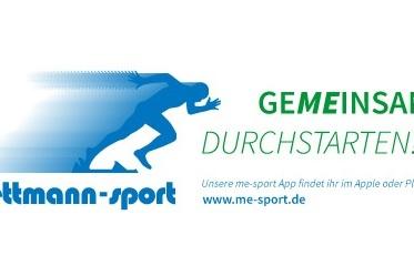 Logo von Mettmann-Sport mit der Aufschrift „Gemeinsam durchstarten!“ und Informationen zur me-sport App.