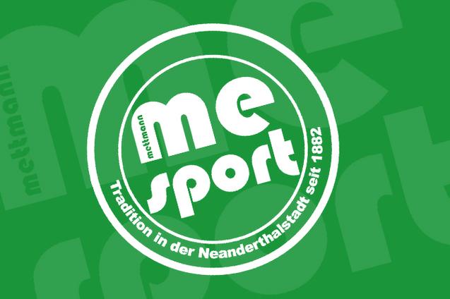 Logo von "me sport" auf grünem Hintergrund, umrahmt von der Schrift "Tradition in der Neanderthalstadt seit 1882".
