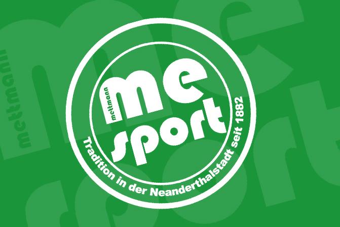 Logo von "me sport" auf grünem Hintergrund, umrahmt von der Schrift "Tradition in der Neanderthalstadt seit 1882".