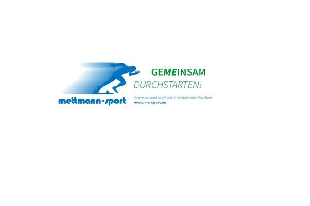 Logo von Mettmann-Sport mit der Aufschrift „Gemeinsam durchstarten!“ und Informationen zur me-sport App.
