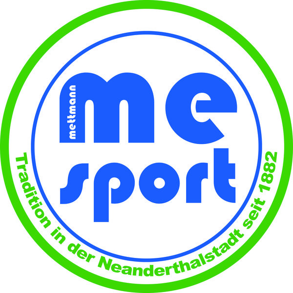 Logo von Mettmann Sport in blauer Schrift mit gr&uuml;nem und blauem Kreis, darunter der Slogan seit 1882.