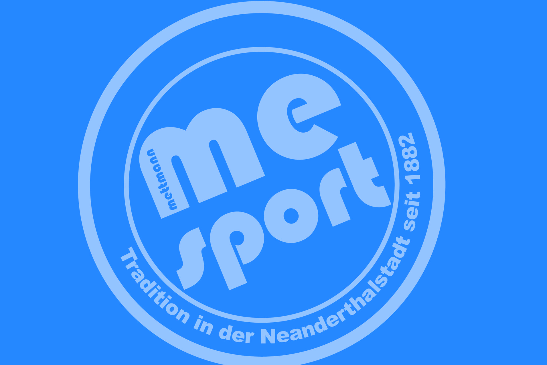 Logo von "me sport" in Wei&szlig; auf blauem Hintergrund, mit dem Text "Tradition in der Neanderthalsstadt seit 1882".