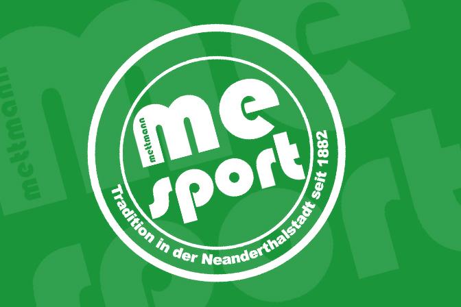 Logo von "me sport" auf grünem Hintergrund, umrahmt von der Schrift "Tradition in der Neanderthalstadt seit 1882".
