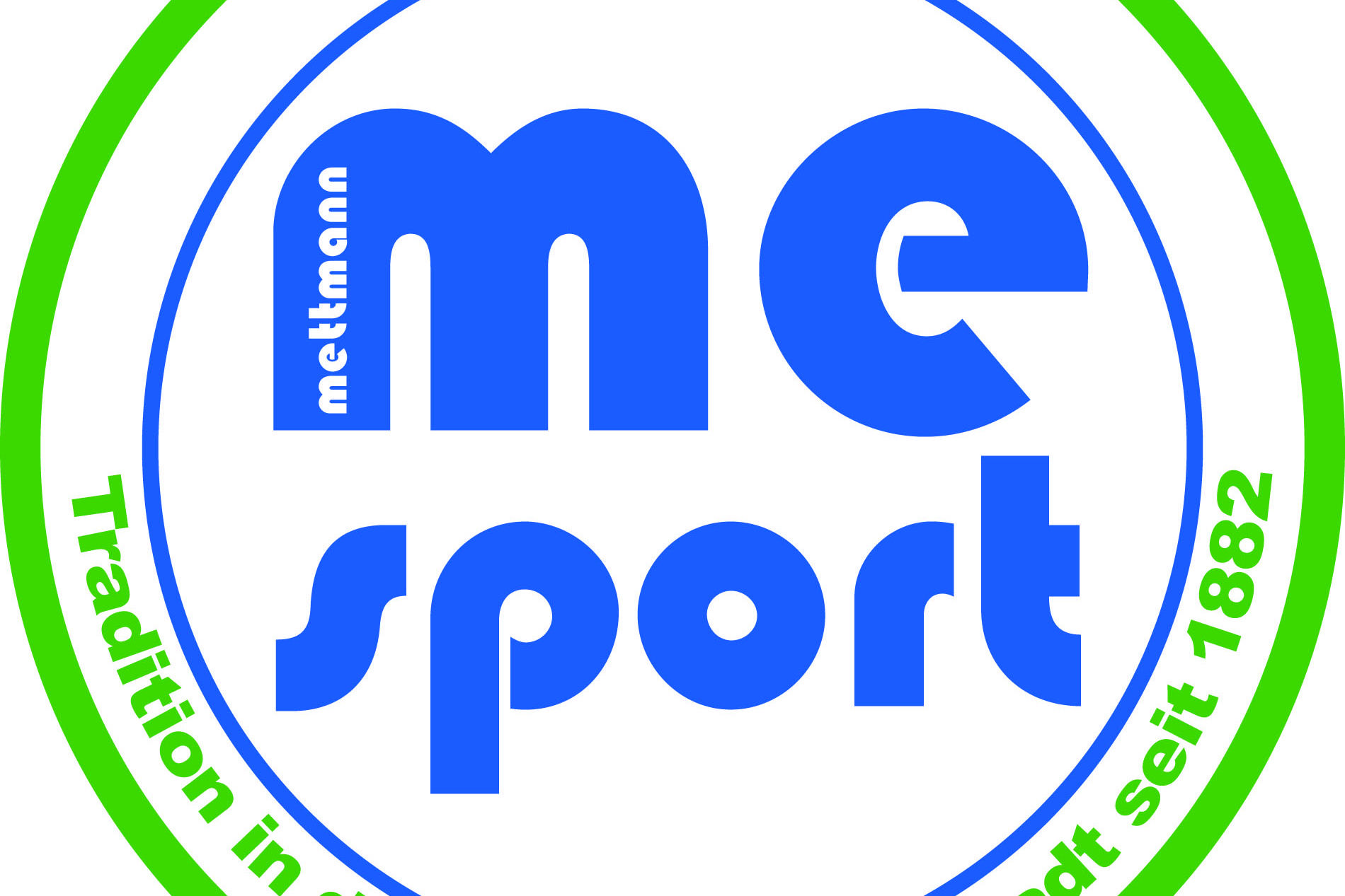 Logo von Mettmann Sport in blauer Schrift mit grünem und blauem Kreis, darunter der Slogan seit 1882.