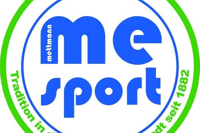 Logo von Mettmann Sport in Blau und Grün, mit dem Slogan „Tradition in der Neanderthalstadt seit 1882“.