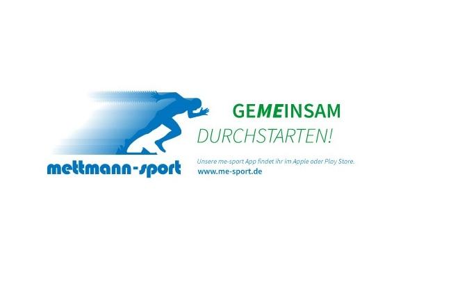 Logo von Mettmann-Sport mit der Aufschrift &bdquo;Gemeinsam durchstarten!&ldquo; und Informationen zur me-sport App.